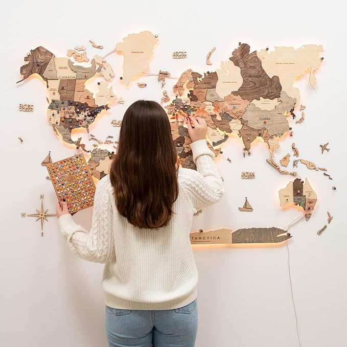 Enjoy The Wood 3D Wood World Map LED 3.0 Wall Art Modern Home Decor Gifts LED Lighting Wall Decor Housewarming Gift (Smokey)
