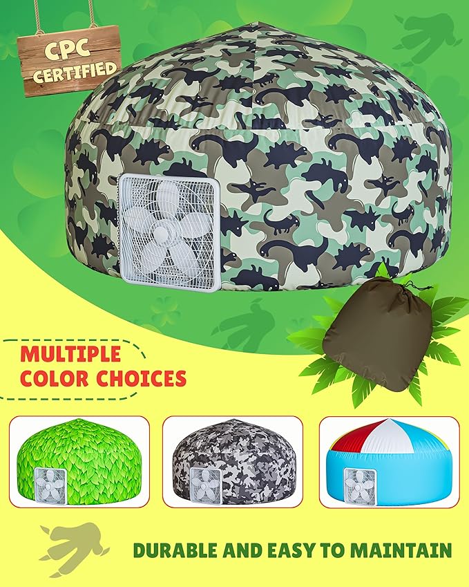 Skywin Inflatable Tent for Kids (Camo Dark Grey), Inflatable Air Tent for Kids Sets Up and Stores Away in Seconds, Improved Blow up Fort (Fan NOT Included) (Camo Dino)