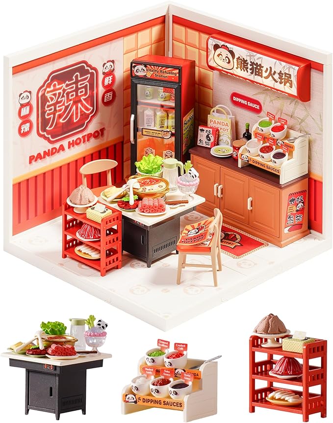 Rolife Super Creator Series, DIY Mini Panda Hot Pot Dollhouse House Kit, Bulid Scenary for Action Collectible Figures, Creative Gifts for Women Adults