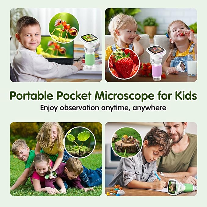 Microscope for Kids, EDCREATY 200X-1000X Portable Pocket Handheld Microscope, 2.4 High-Definition Screen, 200W Pixels for Birthday Christmas Holiday Toys Gifts for 5 6 7 8 9 10 11 12 Kids(White+Green)