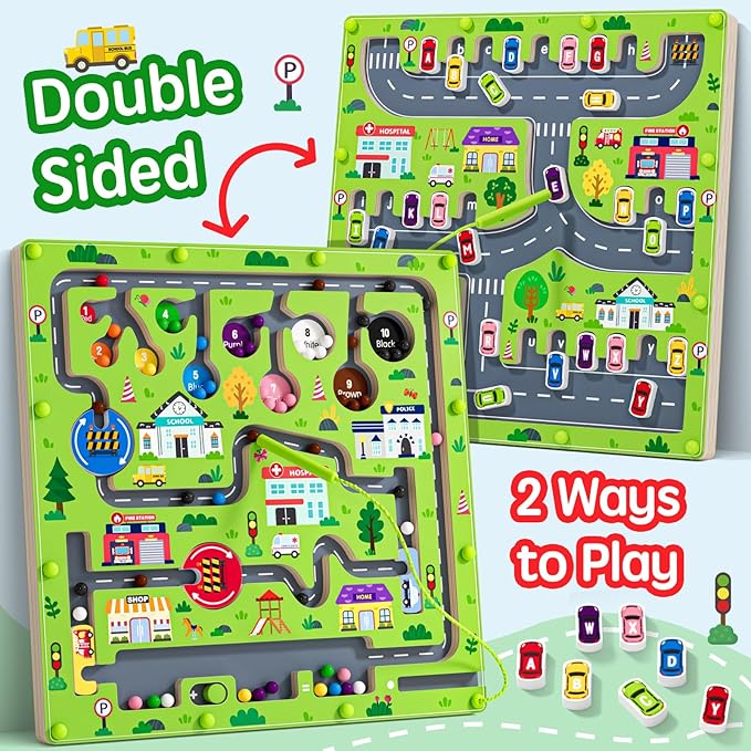 2 in 1 Magnetic Color and Number Maze Magnet Alphabet Counting Double Sided Board Wood Puzzle Fine Motor Skills Montessori Preschool Toys Gifts for Boys and Girls 3-5 Age (Big Car, One Size)