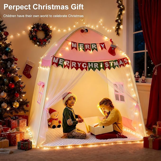 Kids Play Tent Indoor Teepee: Princess Castle Reading Nook with Mat Lights Carry Bag Mesh Windows Quick Setup for Bedroom Playroom Girls Ages 3-12 - 59x39x59 in