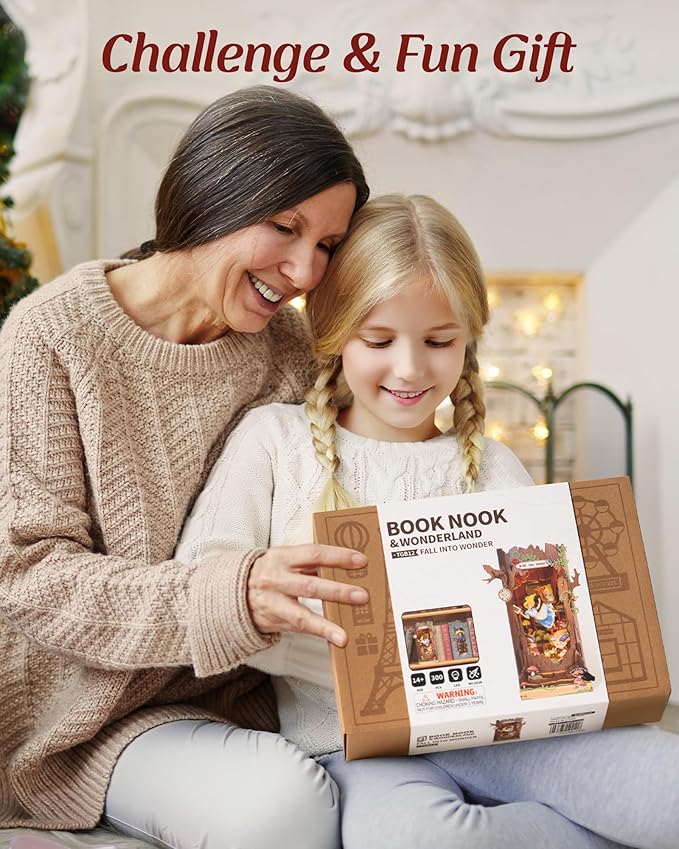 ROBOTIME Book Nook Kit, Fairy Tale Princess DIY Miniature House Kit, Fall into Wonder 3D Wooden Puzzle Bookends, Tiny House Bookshelf Decor Creative Decorative Unique Gifts for Adults & Teens