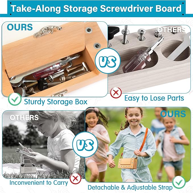 Montessori Screwdriver Board Set, Wooden Storage Box & Strap Toddler Real Tools, Montessori STEM Fine Motor Skills Toys for 3 4 5 Year Old Kids, Educational Sensory Preschool Learning Toys