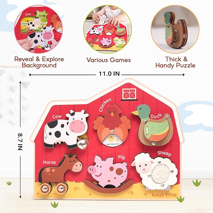 Wooden Montessori Farm Puzzles for Toddlers 1-3 – Interactive Sensory Animal Toys with Textures & Sound -Educational Puzzle & Baby Gifts for Fine Motor Skills & Autism Friendly
