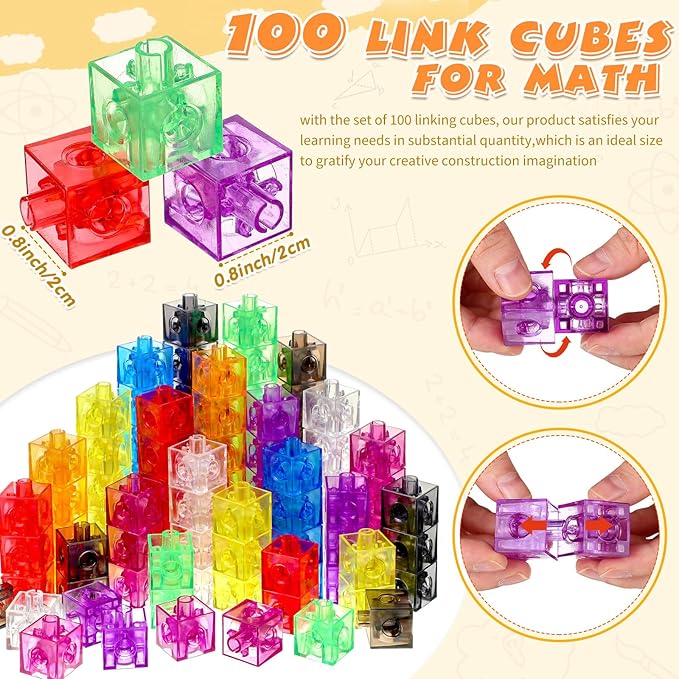Jenaai 100 Pcs Linking Cubes Plastic Math Cubes Manipulative Counting Blocks STEM Snap Blocks Connecting and Counting for Early Math and Construction, Homeschool Preschool Supplies(Stylish)
