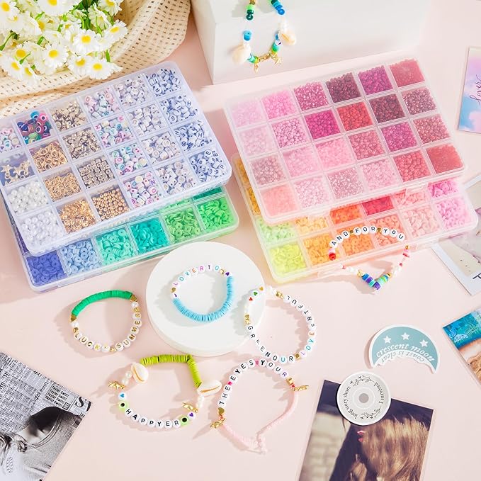 Goldwise Friendship Bracelet Kit 4 Boxes-13056 Pcs 72 Colors Bracelet Making Kits with Clay Beads, 7200 Pcs Glass Seed Beads and 3 Styles Letter Beads with Charms for Bracelet Making Gift