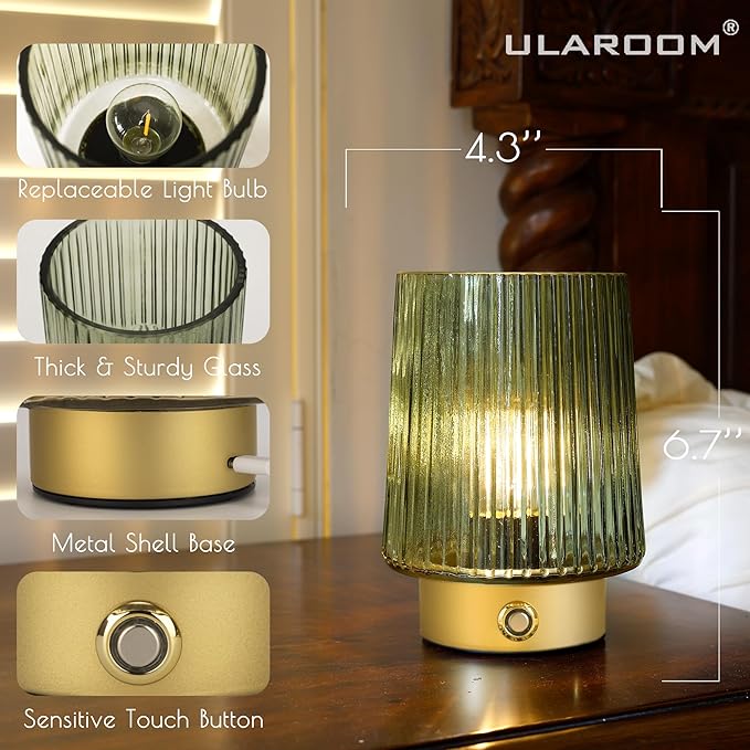 Cordless Lamp Rechargeable Battery Operated lamp, Glass Small Table lamp - Portable Dimmable Brightness Touch Wireless Bedside Lamp for Bedroom Kitchen Dining Home Living Room Decor Grey