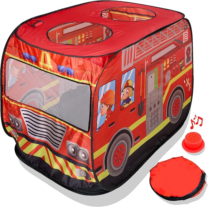 Playbees Musical Fire Truck Pop Up Play Tent with 3 Openings - Role Play Firefighter Tent - Sirens & Fireman Sounds - Indoor Outdoor - Red Fire Engine Playhouse Vehicle Toys - Ideal Play, Gift, Prop