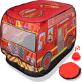Playbees Musical Fire Truck Pop Up Play Tent with 3 Openings - Role Play Firefighter Tent - Sirens & Fireman Sounds - Indoor Outdoor - Red Fire Engine Playhouse Vehicle Toys - Ideal Play, Gift, Prop