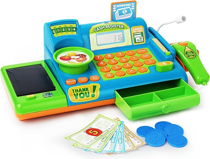Boley Pretend Play Cash Register Toy for Kids – 19 Piece Interactive Set with Scanner, Microphone, Conveyor Belt, Calculator & Money – Educational Toy for Boys & Girls – Ages 3 and Up