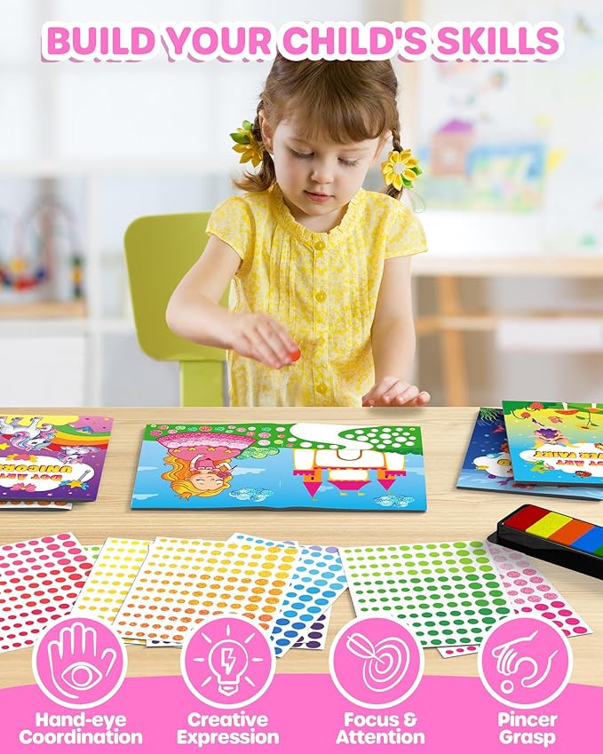 D-FantiX Dot Art Sticker Book Kits with Ink Pad, Mess-Free Finger Painting for Toddlers, Unicorn, Princess, Mermaid, Flower Fairy Arts and Crafts, Kids Travel Activities