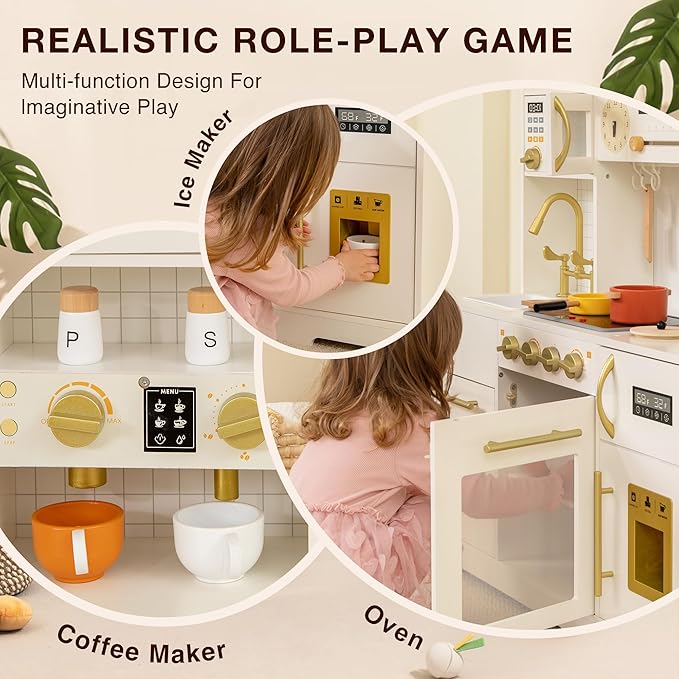 Kids Wooden Play Kitchen Set with Oven, Ice Maker & Coffee Maker - Pretend Cooking Toy Gift for Toddlers 3+ Years