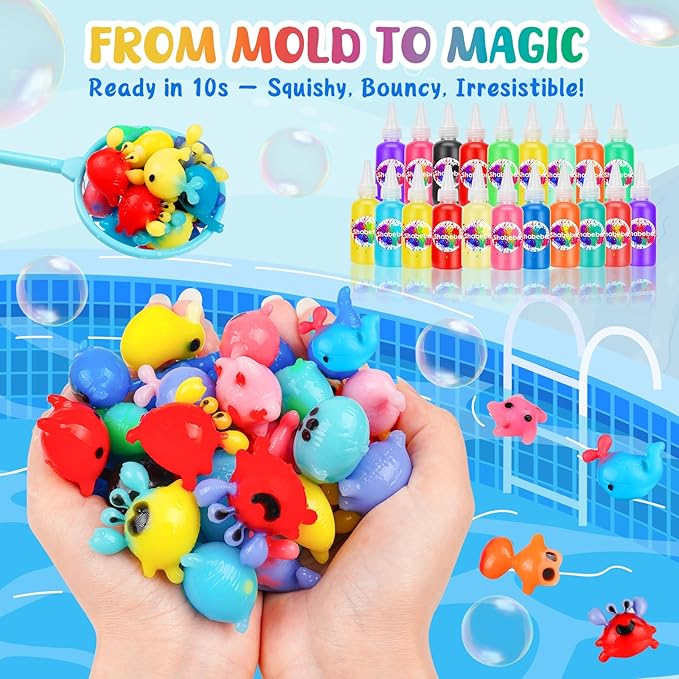 Magic Water Elf Toy Kit– 20 Magic Gels (2 Glow-in-The-Dark) & 18 Sea Creature Molds, DIY Aqua Fairy Water Gel Crafts Toy, Make Water Pets & Squishy Figures, Fun Birthday Gift for Kids Ages 3+