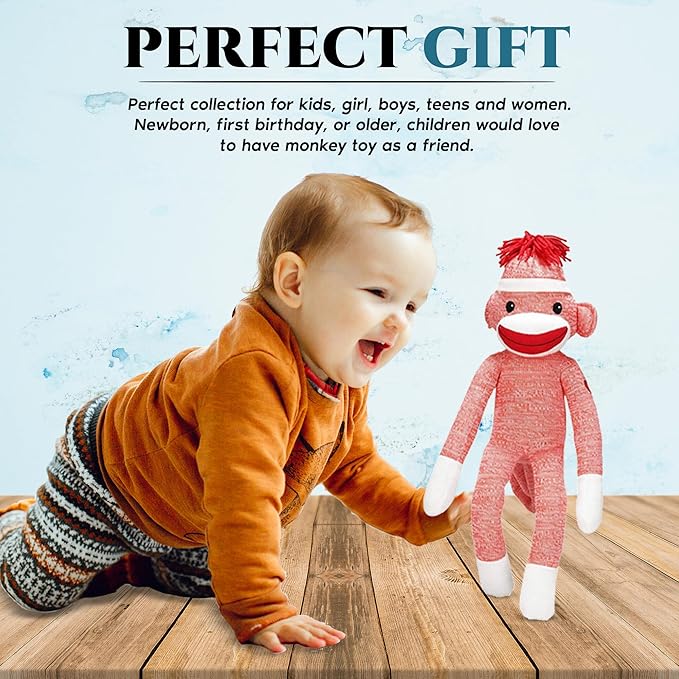 Adorable Sock Monkey, The Original Traditional Hand Knitted Stuffed Animal Toy Gift-for Kids, Babies, Teens, Girls and Boys Baby Doll Present Puppet (20" Orange)