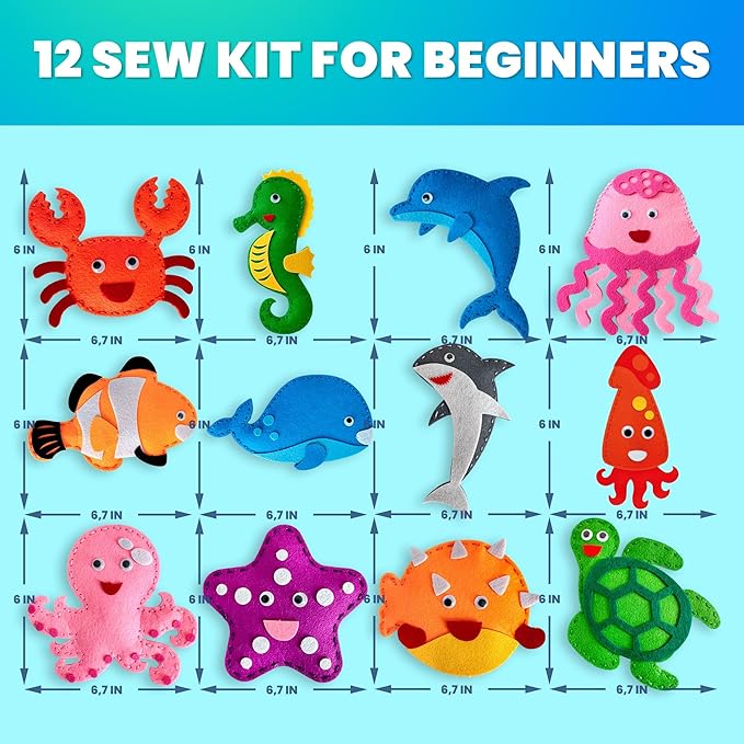 QUOKKA Kids Crafts Ages 4-8, DIY Beginner Needle and Thread Kit - 12 Sea Animals Sewing Kit Basic - Fun Arts Crafts for Kids Ages 6-8 Girls Boys - Plastic Needles, Scissors - 6+ Year Old Girl Gifts