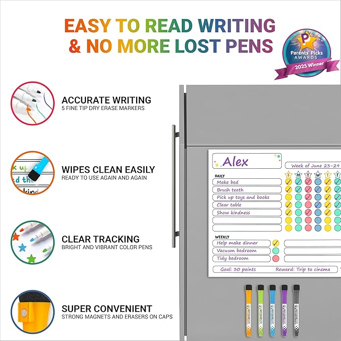 Magnetic Chore Charts for Multiple Kids & Adults - 3Pcs Chore Boards with 5 Fine Tip Dry Erase Markers - Behavior Charts - Responsibility & Reward Charts for Family Organization on Your Refrigerator