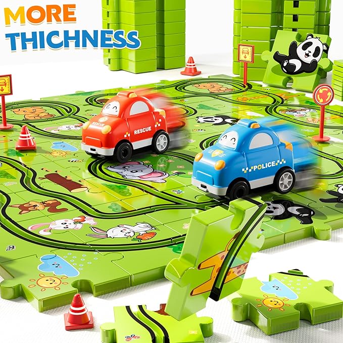 48PCS Puzzle Race Track Car Set Toys for Kids Boys, Floor Puzzle Car Tracks for Boys Ages 3-5 4-6, Toddler Toys Gifts for 3 4 5 Year Old Kids, Ideal 3 4 5 6 Year Old Birthday Gifts