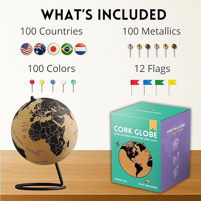 Large Cork Globe 12.6" Tall | World Travel Map with Metallic, Colored & National Flags Push Pins | 3D World Map Pin Board for Home or Office | Unique Gift for Travelers, Couples & Families
