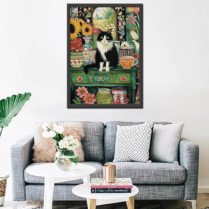 Cat Sit on Table Jigsaw Puzzle Kitten 1000 Pieces Puzzles Game Flower Floral Art Wall Decor DIY Craft Puzzle for Adults Gift for Friends and Family 20 x 27 Inch
