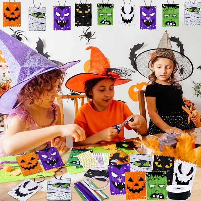 NRWRTY 25 Sets Halloween Crafts Kits,Arts and Crafts with DIY Ghost Pumpkin Felt Stickers Craft Sticks for Halloween Party Favors