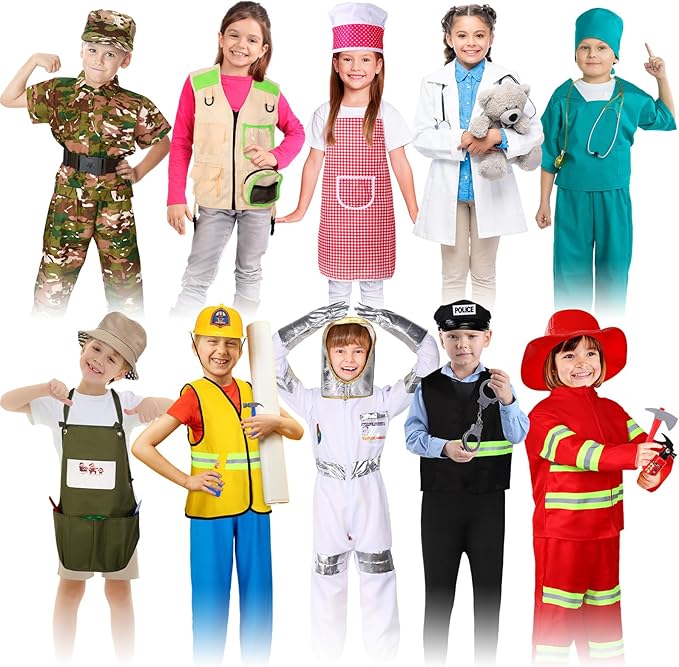 Vicenpal 10 Set Dress up Clothes for 3-8 Years Old Washable Construction Policeman Fireman Doctor Chef Gardener Explorer Scientist Soldier Astronaut Costumes for Boys and Girls Role Playing Activities