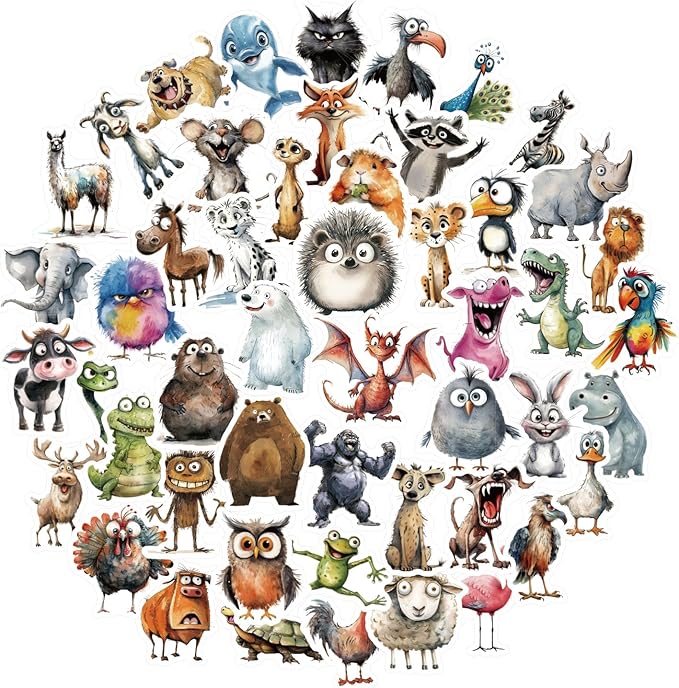 50 Pcs Funny Quirky Crazy Animal Stickers for Kids Teacher Water Bottle Laptop Phone Case Kindle Suitcase Scrapbook Diary Notebook Craft, Waterproof Vinyl Sticker Decal