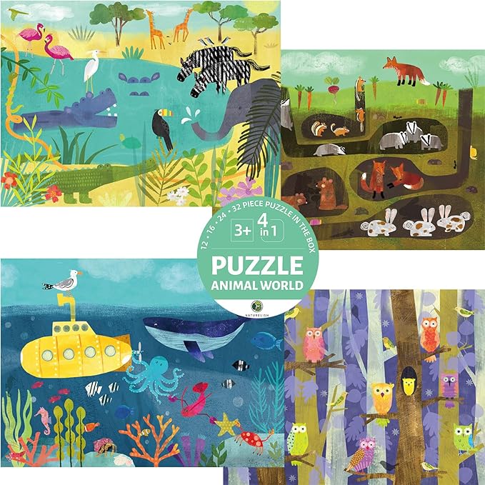 4 Pack Puzzles for Kids Ages 3-5, 4-Difficulty-Level Puzzle with 12 16 24 32 PCS, Color-Zones on Back, 4-in-1 Progressive Animals World Jigsaw Toy Gift for Age 3 4 5 6 Year Old Boys Girls