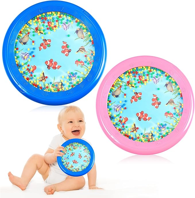 2 Pcs Ocean Drum Wave Bead Ocean Sound Drum Gentle Sea Sound Music Gift Educational Sea Tool Percussion Instruments, Pink and Blue, 7 Inch 8 Inch