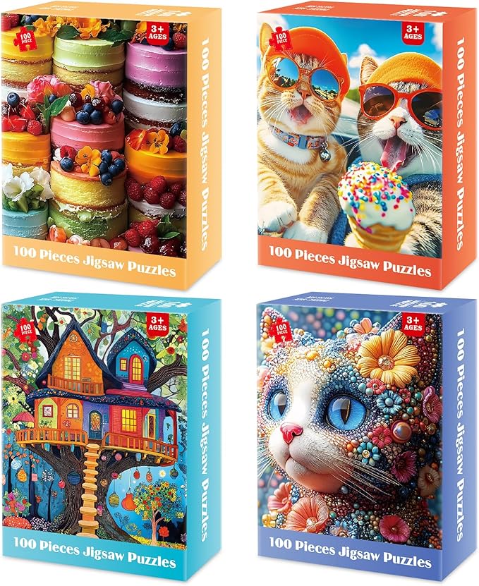 4-Pack 100 Piece Puzzles for Kids Ages 4-6 6-8 Year Old - Cakes Tree House & Cats Jigsaw Puzzles, Fun Educational Toys for Boys Girls, for Family Activities