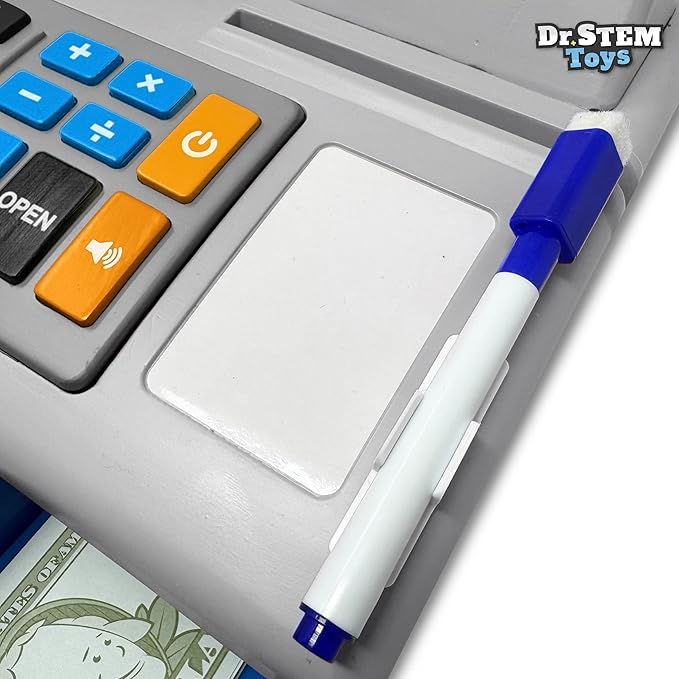 Dr. STEM Toys Solar Powered Calculator Pretend Cash Register with Play Money – 67-Piece Set for Learning Math Skills, STEM Cash Register for Kids (Gray)
