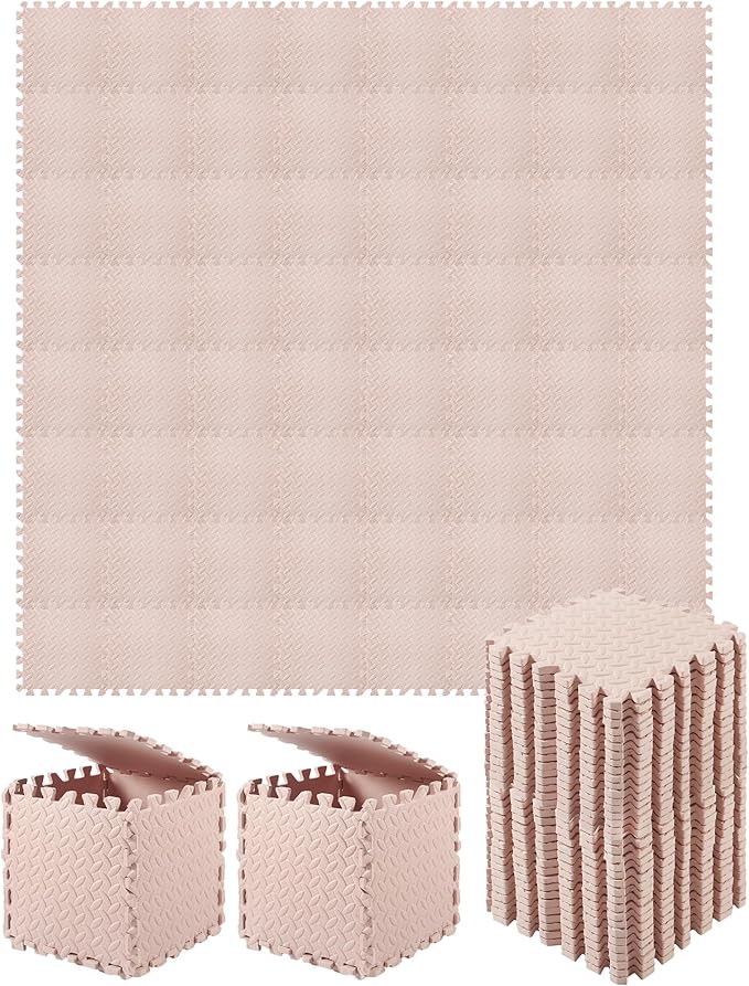 Shihanee Foam Floor Baby Tiles Foam Floor Mats Play Mats Bulk with Borders Interlocking for Kids Baby Playroom Nursery Gym (Beige,64ft)