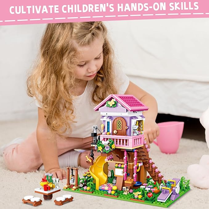 Creative Treehouse Building Blocks Toy Summer Tree House with Animals, Slide, and Picnic Table Fun Garden Playset for Girls and Boys