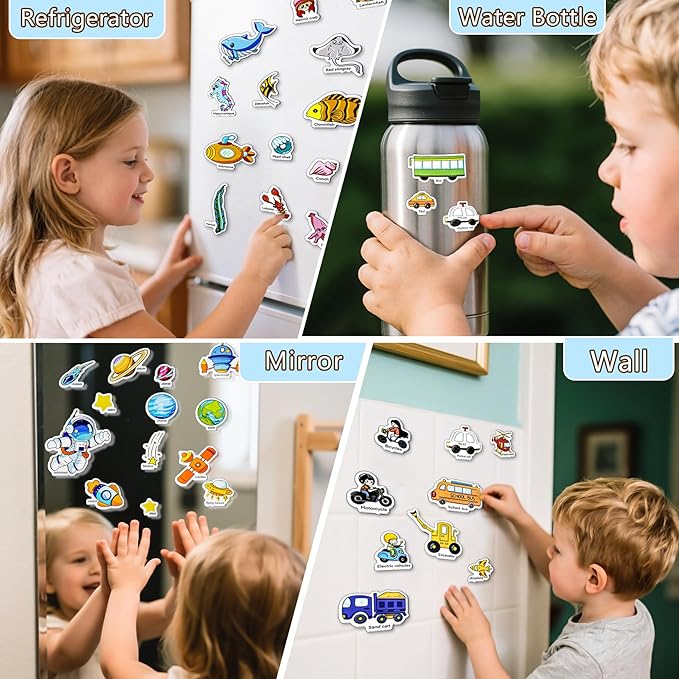 3 Pack Reusable Sticker Books for Kids, Waterproof Puffy Stickers - Match The Shape and DIY Scene, Toddler Travel Essential Quiet Time Activities Toys - Ocean, Vehicles and Space (2-6 Age)