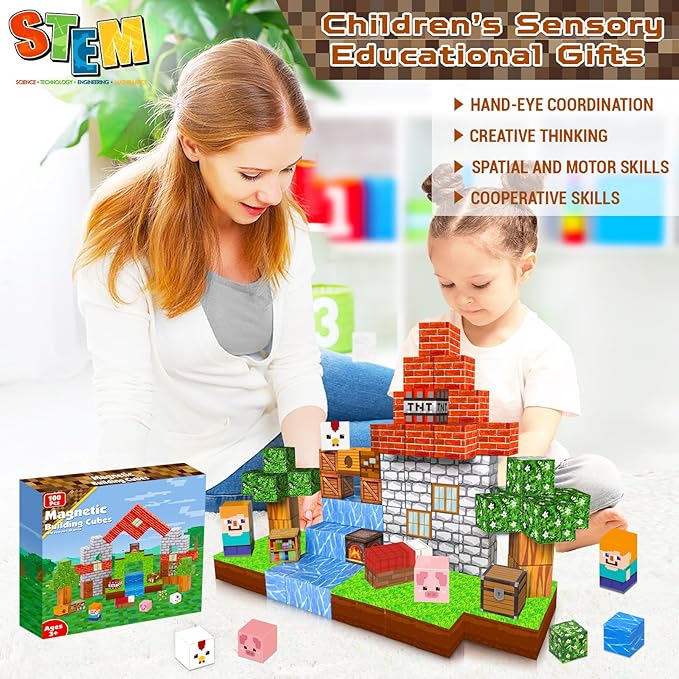 Magnetic Blocks-100PCS Grassland Building Blocks Set, Kids Classroom Sensory Toy, STEM Learning, Construction Stacking Toy for Kids 3+ Boys & Girls