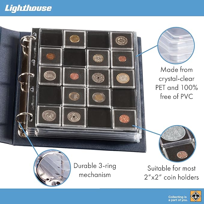 Lighthouse - Coin Album Set with ENCAP 5 Pages for Quadrum Snaplocks, Fits 100 2"x2" Coin Holders with Matching Slipcase - Black