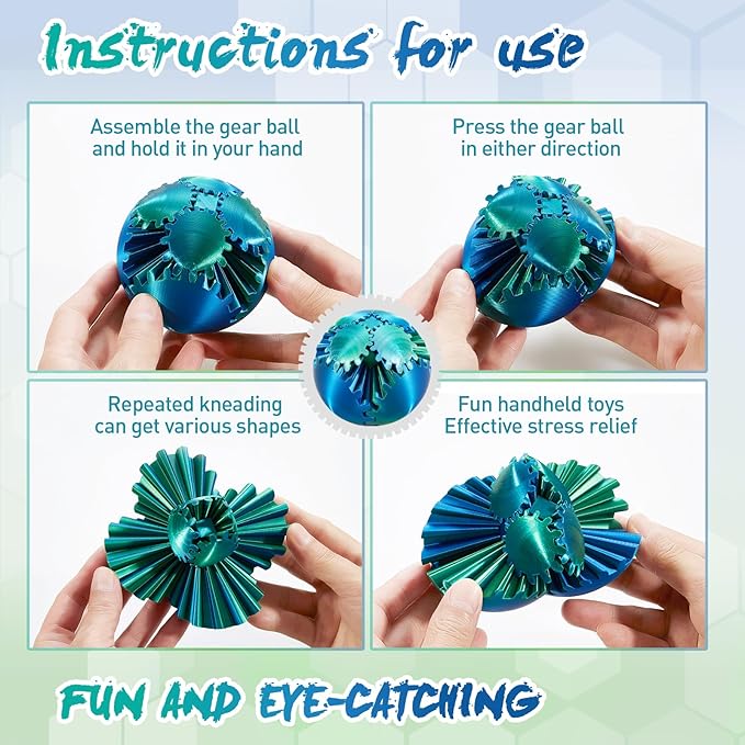 Gear Ball-3D Printed Gear Sphere,3D Printed Spin Ball Cube Fidget Toy,The Steampunk Whirling Wonder Fidget Ball Toy (Blue Green)