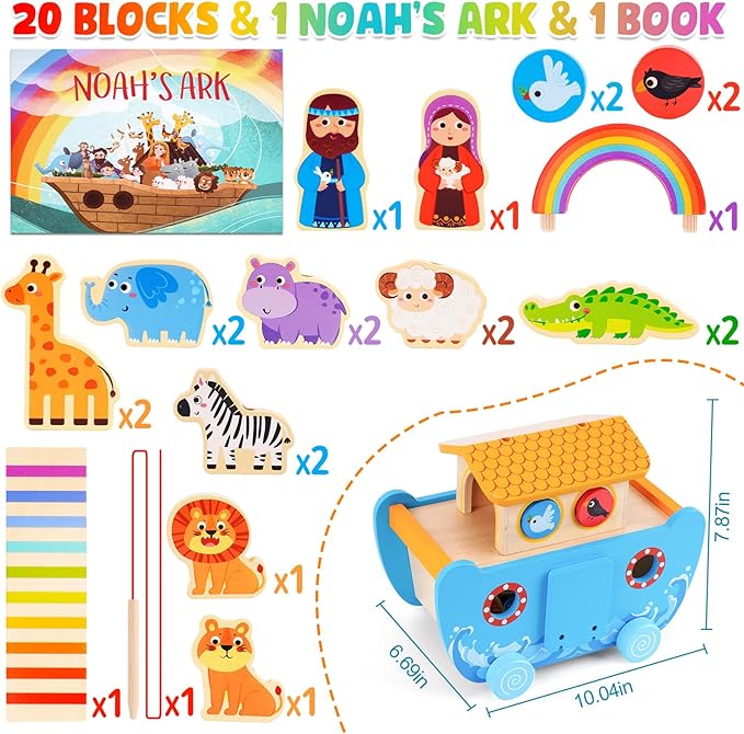 Toddlers Noah's Ark Toys with Wooden Animal Shape Sorters, Baptism Gifts for Girls Boys 2 3 4 Years Old, Montessori Educational Toys for Toddlers, Bible Story Book for Kids Ages 2-4