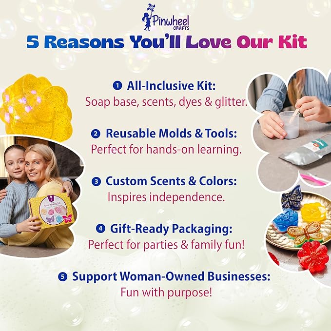 Pinwheel Crafts DIY Soap Making Kit for Kids Ages 5 6 7 8-12+ with Molds, Scents, Dye, Glitter, Foaming Net - Flower Soap Making Kits for Adults Beginners Great for Science Projects and Crafts