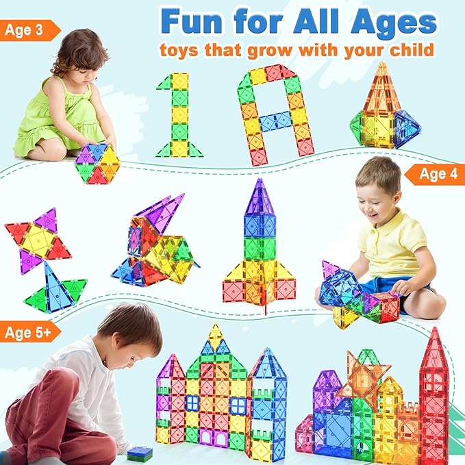 Soyee Magnetic Tiles with 2 Cars Kids Gifts Boys Toys for 3 Year Old Boys Educational Toys for Toddlers Kids Age 3-5 4-8 Car Train Building Toys