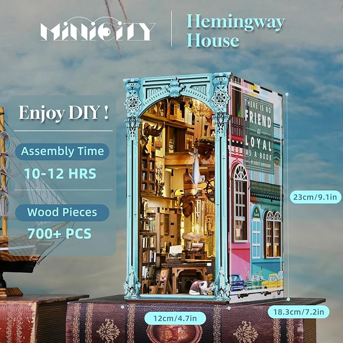 Book Nook Kit, DIY Dollhouse Booknook, Book Nook Miniature Kit for Bookshelf Insert Decor Crafts for Adults Teen Halloween, 3D Wooden Puzzle with Led Light (Hemingway House)