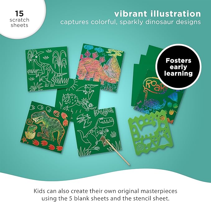 Crocodile Creek Dinosaurs Sparkle Scratch Art for Kids - 16-Sheet Scratch Art Set with 10 Themed Sheets, 5 Blank Sheets, Stencil, and Stylus - Thoughtful Stocking Stuffer, Gifts, Art Supplies for Kids