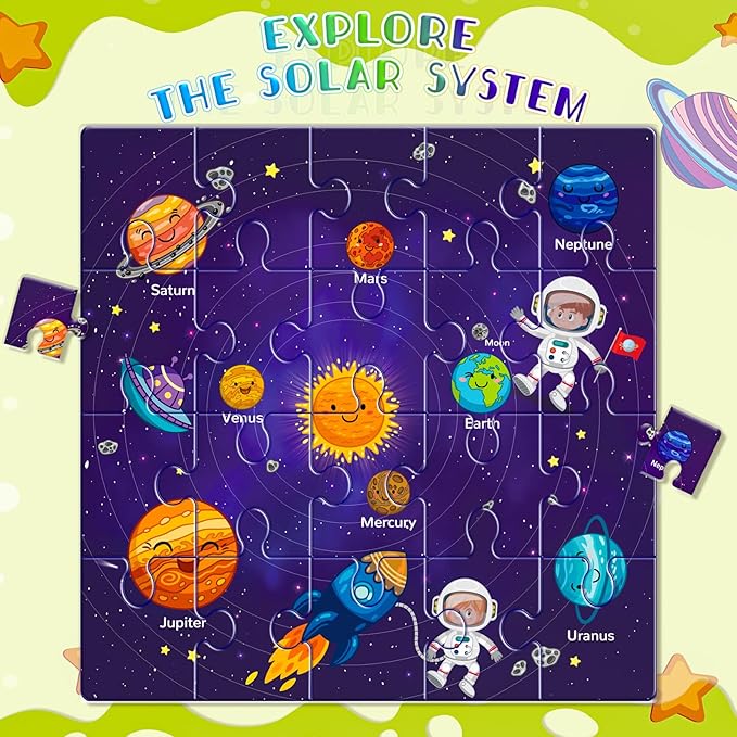 Magnetic Puzzles for Toddlers 3-5, 3 Pack Travel Puzzles for Kids Ages 3-6 with 60 Magnetic Pieces, Dinosaur, Solar System & Map Puzzles, Road Trip Activities Toys & Birthday Gifts for Boys Girls