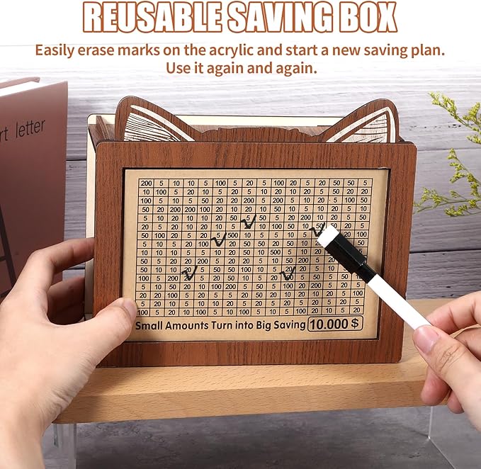 Money Saving Box, 10000 Savings Challenge Box Wooden Coin Cash Money Saver with Target and Tracker Reusable Piggy Bank for Adults Kids Boys Girls Gifts for Family & Friends Caja De Ahorros 13 Sheet