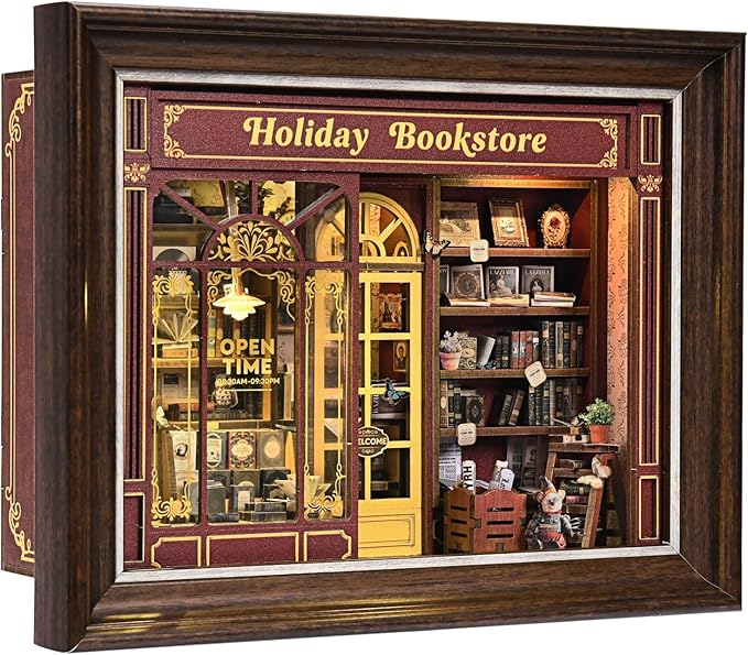 Book Nook Kit-3D Wooden Puzzle with LED Switch Control & Wall-Mountable Frame,DIY Miniature House for Beginners,Bookshelf/Tabletop/Wall Decor for Craft Lovers,Dollhouse Gift,Holiday Bookstore