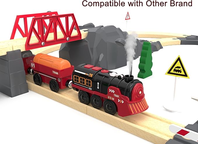 Toy Train Electric Train Set for Wooden Tracks, Christmas Motorized Train Toys for Toddlers, Battery Operated Train Includes Lights, Sounds, Smoke, Steam Train Compatible with Thomas, Brio