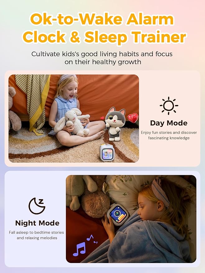 Think Academy PawPal Digital Pet Alarm Clock with 3.8" Touchscreen - Habit-Building Sleep Trainer with OK-to-Wake, Stories, Music, White Noise & Nightlight for Kids Ages 3-8 Gift