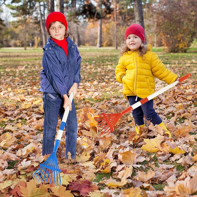 2PCS Kids Rakes for Leaves, 28" Child Size Garden Yard Rake Childrens Lawn Rake Toddler Leaf Rakes Blue Red Metal Head with Detachable Hardwood Handle Great Gardening Tools for Boy Girl