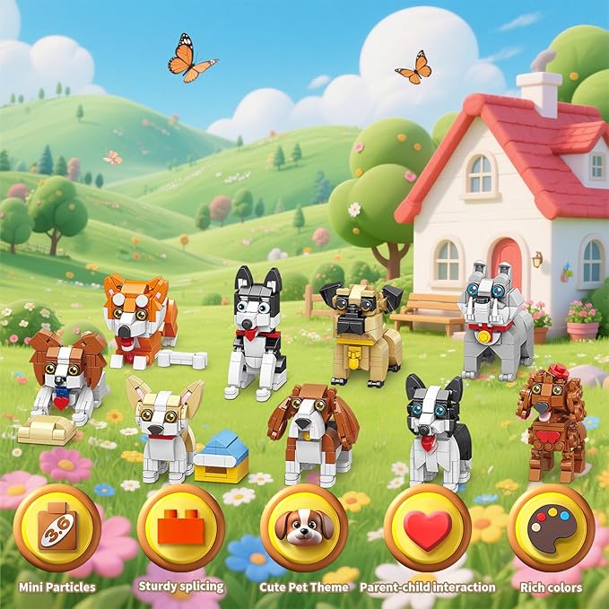 Party Favors Micro Mini Building Blocks 9 Pack Dogs Set,Adorable Dogs Building Toy Set, Party Favors Birthday Gift for Kids (1102PCS)