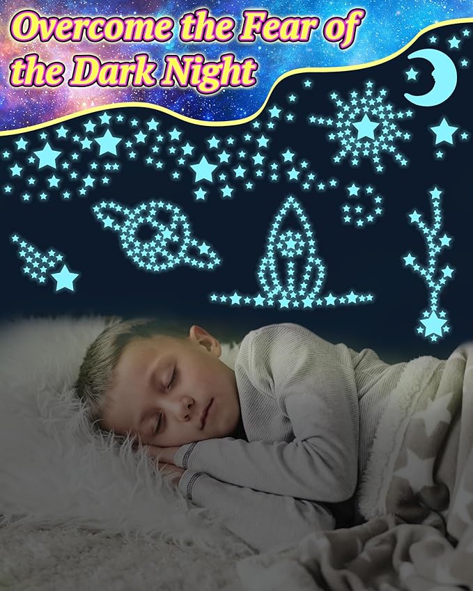 201 Pcs Glow in The Dark Stars Stickers for Ceiling, Toddler Stocking Stuffers Wall Room Decor Gifts, Luminous 3D Glowing Stars Easter Basket Stuffers for Kids Boys Girls - Blue